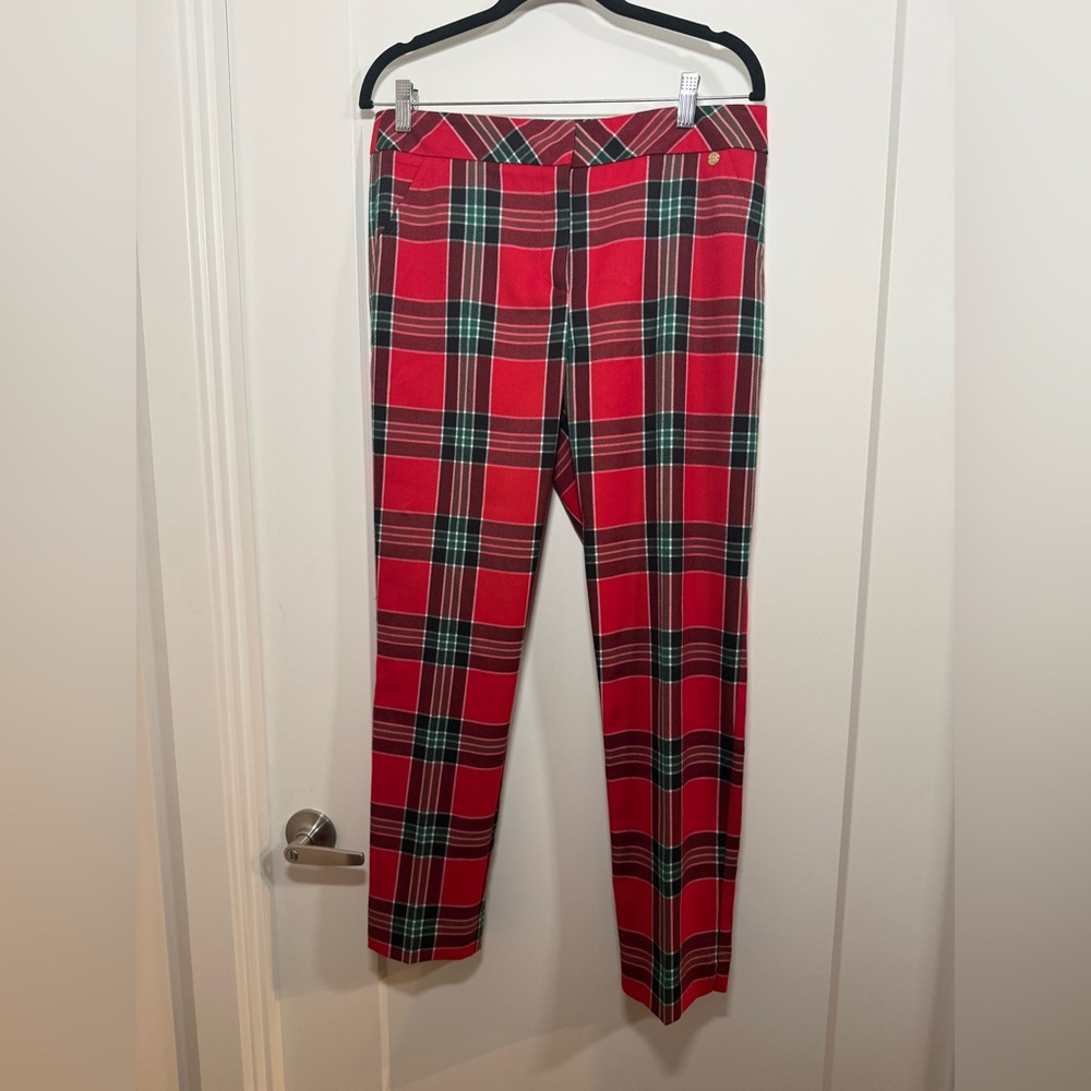 TRINA TURK Tartan Plaid Trousers Pants Stretchy Size 8 Red/Black NWT